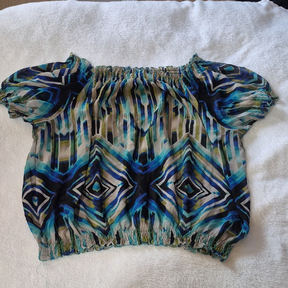 Off-Shoulder Geometric Print Women's Top in Blue Sz. XL